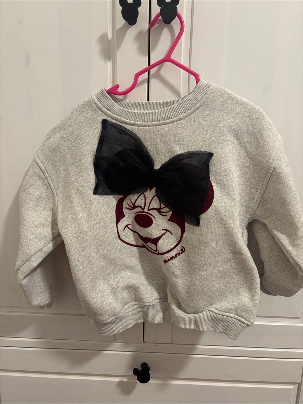 Zara Light Gray Sweatshirt with Black Bow and Maroon Minnie Motif